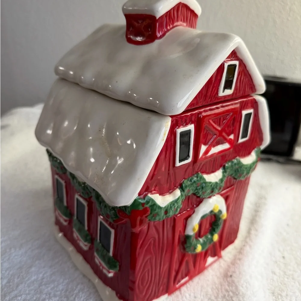Cookie Jar Red Barn Rustic Holiday  Limited Edition Ceramic By World Market